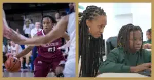 Two side-by-side photos of Mashea Ashton - one as a student athlete playing basketball on the court and the other as an educator teaching students in the classroom.