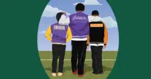 An illustration of the back of three boys standing arm in arm.